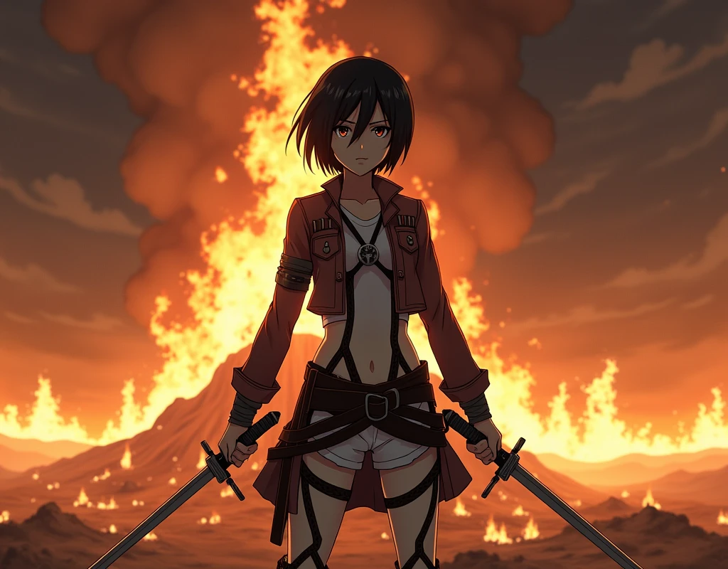 Mikasa holding two swords in front of a fire、Attack on Titan anime style, (Mikasa Ackerman), from Attack on Titan, Attack on Titan covert art, Sunku, in Attack on Titan, (Attack on Titans anime), shingeki no kyojin, Attack on Titan, Attack on Titan、masterpiece, Masterpiece best quality, Highest quality ultra detailed, Super detailed highres, High resolution, Realistic RAW photo, Raw photo real person, Real people portrait photography, Photorealistic portrait photography, Photorealistic shiny skin, Shiny skin Detailed skin, Detailed, dynamic pose、beautiful、Dirty clothes and skin、short hair