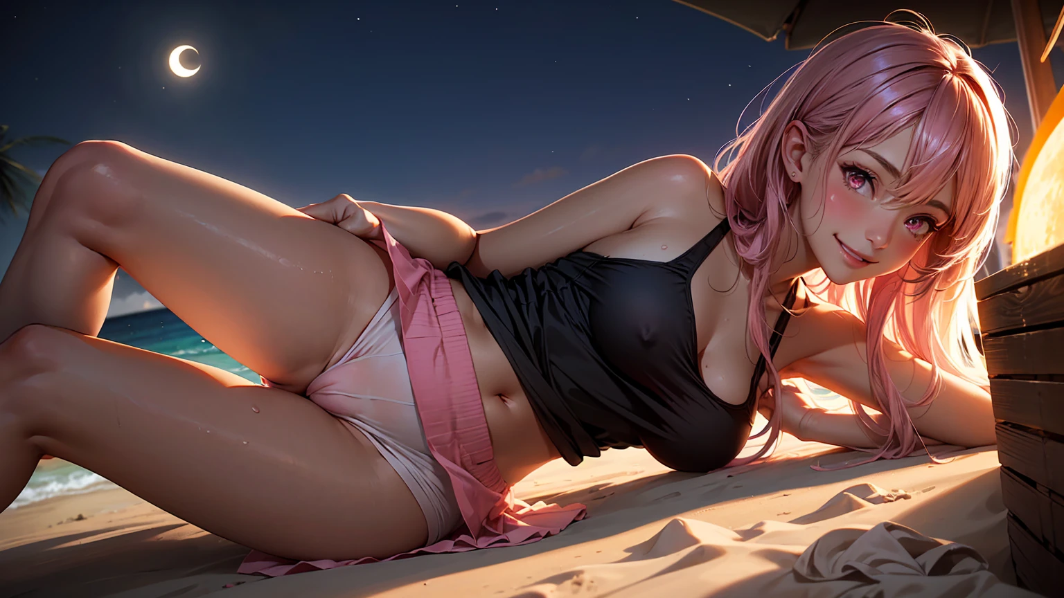 realistic, 1 girl,  long pink hair, pink eyes, glowing eyes, tank top, see through, mini skirt, big smile, blush, night, perfect, beach, moon, camel toe, wet, naked girl,