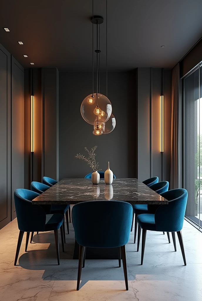 Professional 3d architecture rendering design of modern and minimal dining room with so dark vintage blue and dark gray velvet 8 chairs and black slab stone marble table modern and modern ceiling lighting and elegant ceiling lighting and dark wooden consulate
