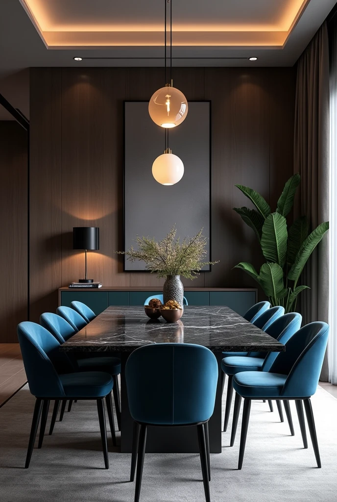 Professional 3d architecture rendering design of modern and minimal dining room with so dark vintage blue and dark gray velvet 8 chairs and black slab stone marble table modern and modern ceiling lighting and elegant ceiling lighting and dark wooden consulate