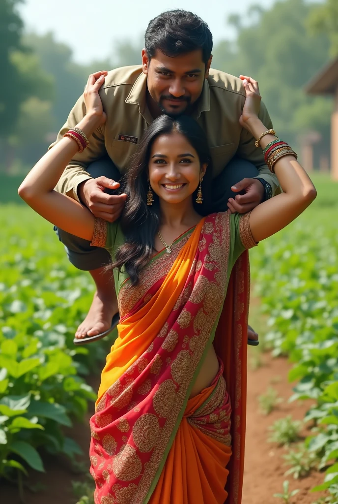 Smiling, Beautiful pakistani young girl in saree carrying a large man over her head in a farm, full view , natural