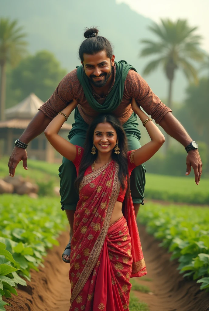 Smiling, Beautiful pakistani young girl in saree carrying a large man over her head in a farm, full view , natural 