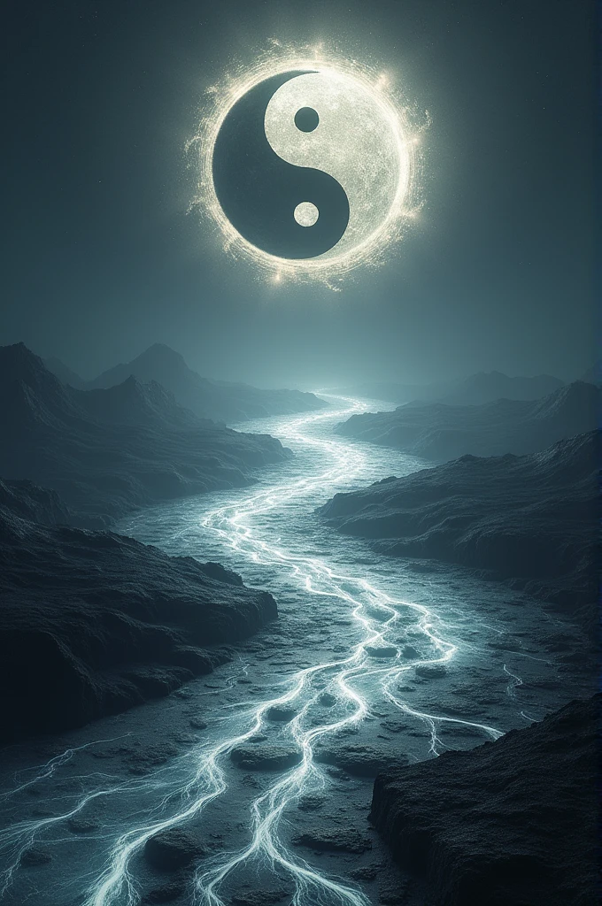 When the domain is activated, the surroundings transform into a vast, ethereal landscape divided perfectly into two halves: one side is a serene, shadowy nightscape representing Yin, and the other is a bright, radiant dayscape symbolizing Yang. The boundary between the two is fluid and constantly shifting, with streaks of darkness and light intertwining like flowing rivers. The ground itself is made of swirling black and white energy, and above, a massive, rotating Taijitu (Yin-Yang symbol) hovers, casting an otherworldly glow.