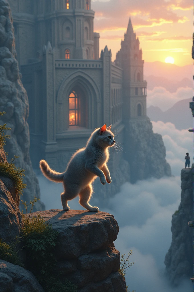 "An agile cat with grey fur dancing on top of a mountain at sunset. In the background, an ancient library built into the rocks with large windows lit from within. A teacher watches the cat curiously from one of the windows while holding a book about friendship. around, There is a light mist that adds a magical and mysterious touch to the scene.."