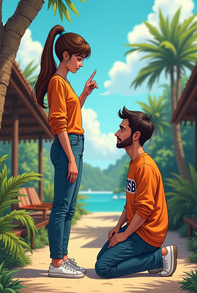 A man kneeling in a black and orange sweater and white sneakers. A woman in an orange shirt points her finger at a man. It's a beautiful and cool 4K cartoon image. Thailand