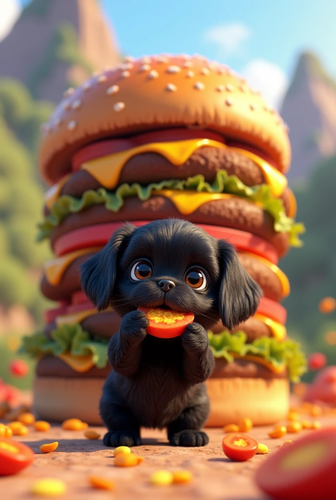 Give me a black shih tzu puppy give him a burger give him a mountain of burger 3D Pixar style