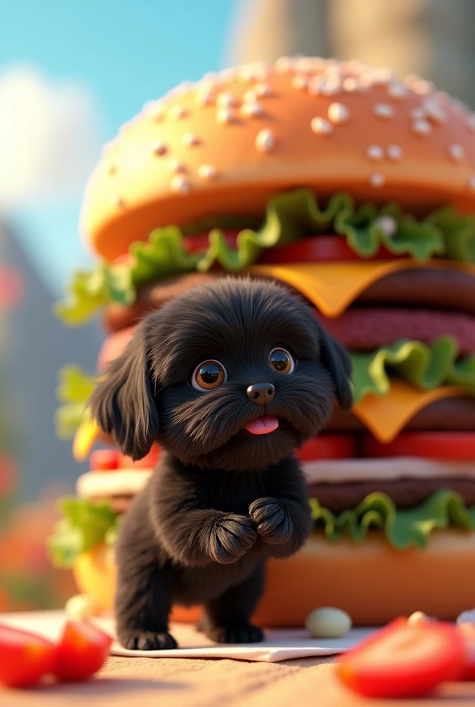 Give me a black shih tzu puppy give him a burger give him a mountain of burger 3D Pixar style