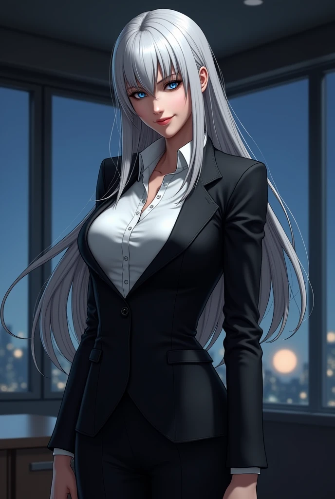 Create a realistic, photorealistic image of Mature from "The King of Fighters." She is depicted as a tall, elegant woman with long, silver hair cascading down her back. Her eyes are piercing blue, and her skin is pale and flawless. She is dressed in a sleek, form-fitting black business suit with a white shirt, exuding a sense of power and professionalism. Her expression is cold, with a slight smirk that hints at her confident and dangerous nature. The background should be a modern, dimly lit office with a view of a nighttime cityscape through large windows. The lighting is dramatic, with shadows enhancing her sharp, striking features.