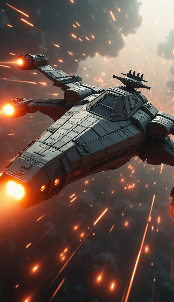 Star Wars, Futuristic sci-fi space battle, very detailed, A magnificent spaceship, Fierce battles, Glowing energy weapon, Powerful Explosion, dramatic lighting, cinematic composition, Change color palette, realist rendering, Intricate mechanical details, Sense of scale and grandeur, (best quality,4K,8k,high resolution,masterpiece:1.2),very detailed,(realist,photorealist,photo-realist:1.37)