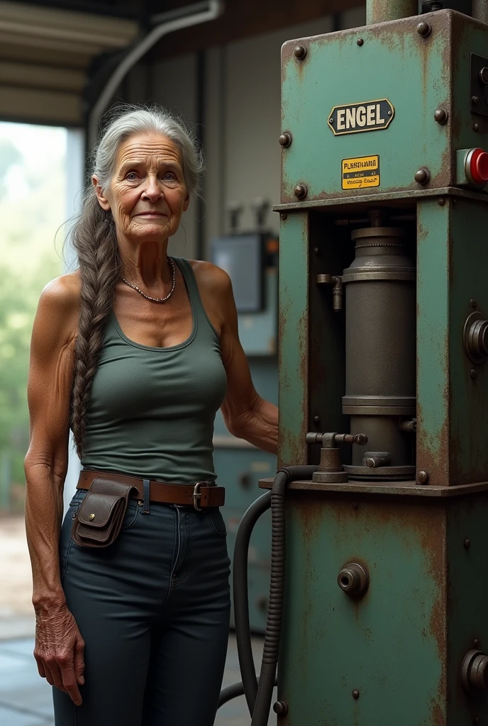 old 80yo woman is standing by a pneumatic press for plastics, she is wearing tights, her long hair is tied in a ponytail, in the background you can see the view from the garage where the press is located, realistic design, realistic face with all the details,plastis machine Engel