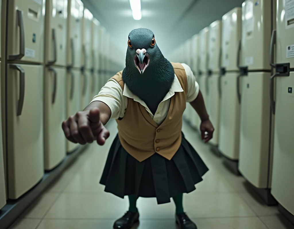 ((Highest quality)), ((masterpiece)), (Pointing his finger towards me), (front), 怒りの表情で口を開けたGray female pigeonがオフホワイトで襟付きのshort-sleeved shirtに薄茶色のベストを着てひざ丈の黒いスカートに濃い緑の靴下と黒の靴を履いて、とてもたくさんの冷蔵庫に囲まれながらPointing his finger towards me, (Gray female pigeon), (short-sleeved shirt), Photorealistic images。