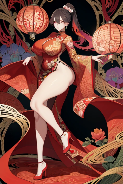 "(abstract art: 1.4), Masterpiece, best quality, Super high resolution, big beautiful breasts, stunning visuals, (1 girl: 1.2), crimson theme, dark red, blood red, halo, look at the viewer, Body, high heels, women, goddess, Dunhuang, Hanfu, red and yellow dress, (Masterpiece, the best quality, best quality, official art, beauty and aesthetics: 1.2), người women trưởng thành quyến rũ, very detailed, (fractal art: 1.1), (one color: 1.1), (flower: 1.3), Most detailed, (zentangle: 1.2), (dynamic posture), (Abstract background: 1.3), (Traditional Chinese Fabric: 1.2), (shiny skin), (colorful: 1.4), (earring: 1.4),small butt, Leggy, small butt, indifferent eyes, realism, dominatrix, feminism, high ponytail, cold and contemptuous, 180cm high" 