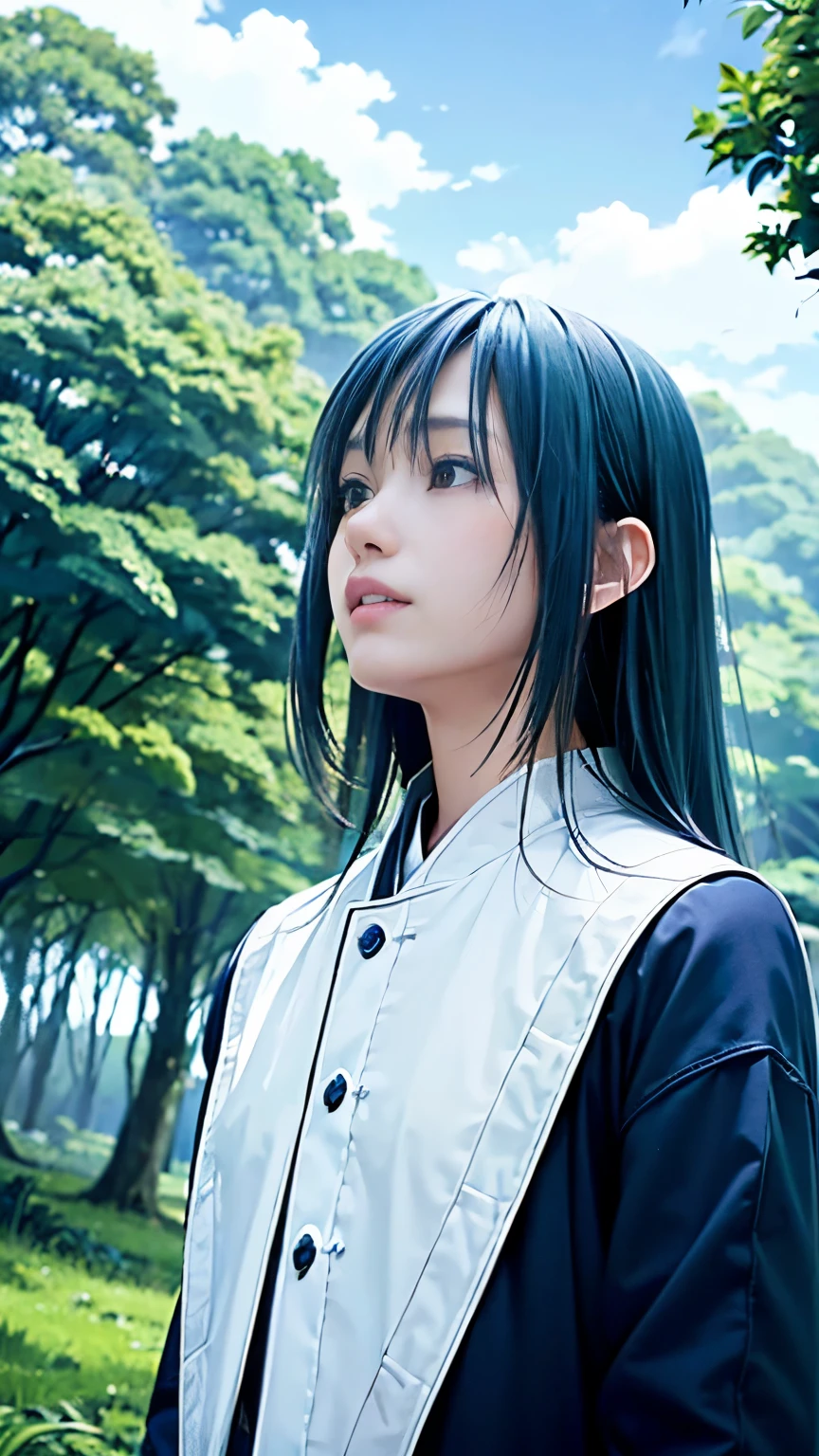 Rimuru=Tempest、Real、Upper Body、landscape、forest、anime、White skin、masterpiece、No matter how high quality、Navy blue coat、cloudy、Beautiful Boy、Androgynous beauty、Long hair fluttering in the wind、