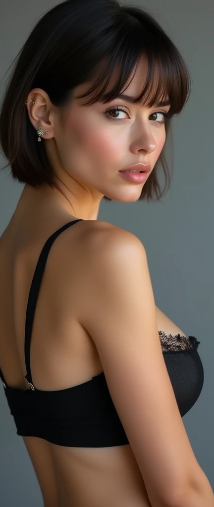8K uhd、RAWphotograph、model photo shoot、Russian Race, European race, (masterpiece, Highest quality, Photorealistic, High resolution, photograph: 1.3), Close-up, Focusing, Hot Model, slim、 30 year old  woman, Small face, Short Hair, dark brown hair, Fine beautiful eyes, Realスキン, (perfect body), Sexy F, Erotic,seaze, Fis, Glossy lips, Small breasts, 、Bust B cup、t light、Dynamic lighting、Real、超Real、 realism、Realなディテール⦆、Cool beauty、Cool pose、Background gray、Plain grey background
