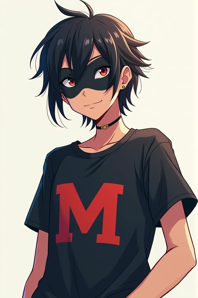 Create an anime drawing of a maskless thief with a shirt with the letter m