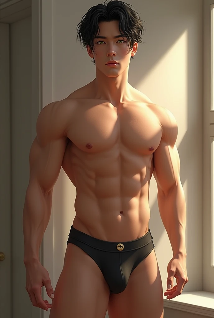 a handsome boy ,Cao Cao , fitness,short black hair and green eyes ,in underwear