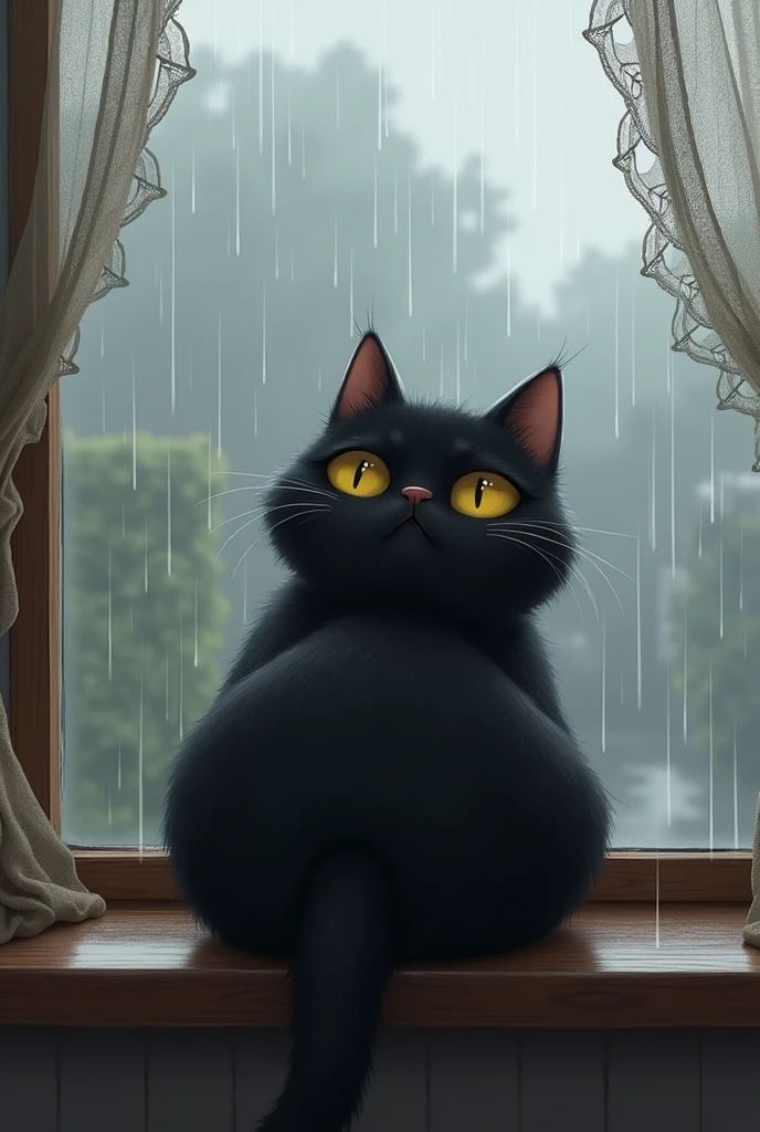 Create a small black cat watching the rain fall from a window, in a pose of tiredness. Make it a little bit fatter
