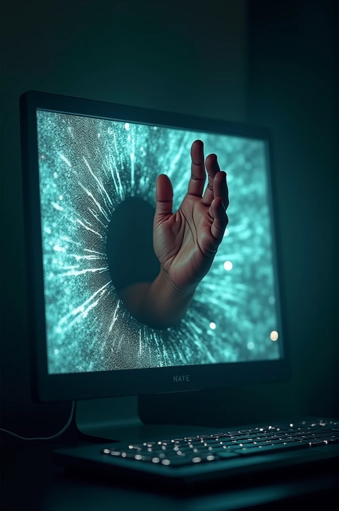 A hand breaking out from a computer