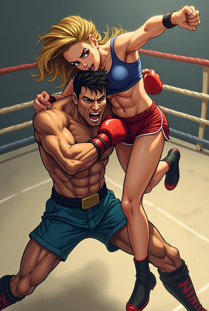 1 man 1 girl Manga comic (sensual brunette girl Straight loose hair, blue eyes wet white t-shirt, black tabled skirt In a sensual pose, she teach self defense knee with a woden dummy) (man with big bulge groin being squeezed) (bigboob big ass) (wet t-shirt) (highly detailed) (concept art) (manga) (anime) (draw) (face anime detailed) (comics)