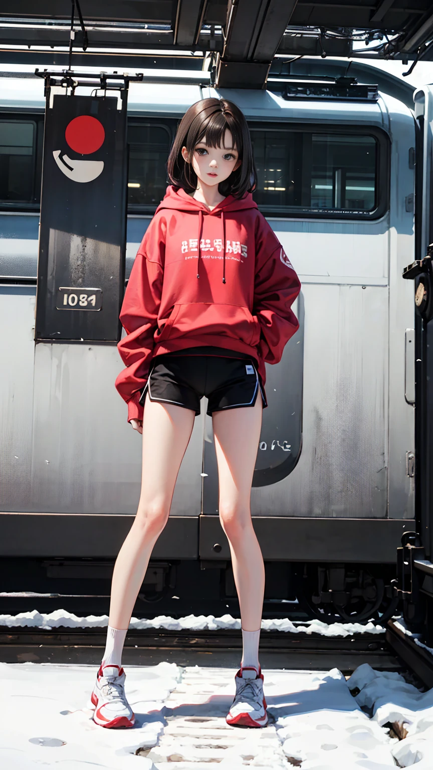a junior high girl,skinny,very slim,wearing a hoodie,wearing short pants,baring the whole legs,white short socks,sport shoes,in the snow,beside a train