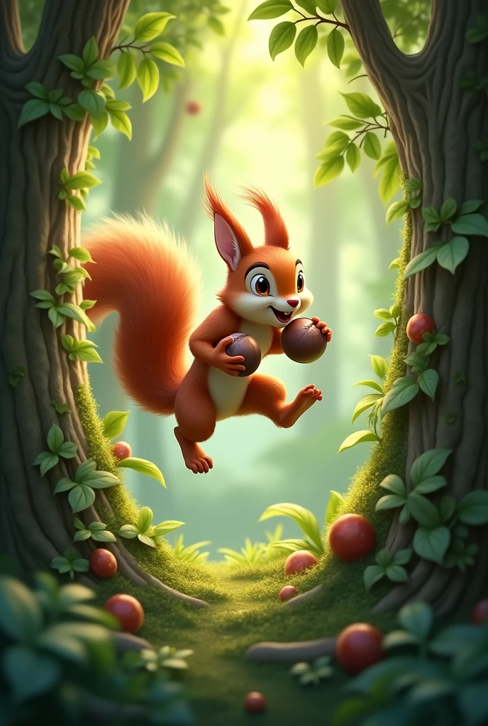 The squirrel jumping between trees with a handful of nuts, looking enthusiastic..