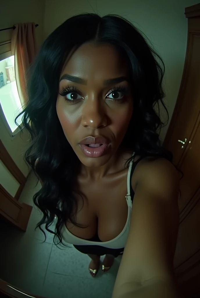 Pov when Cardi B's stepmom tells you to lick her feet when she's alone in the room, fish eye view, iphone camera style. HD, realface
