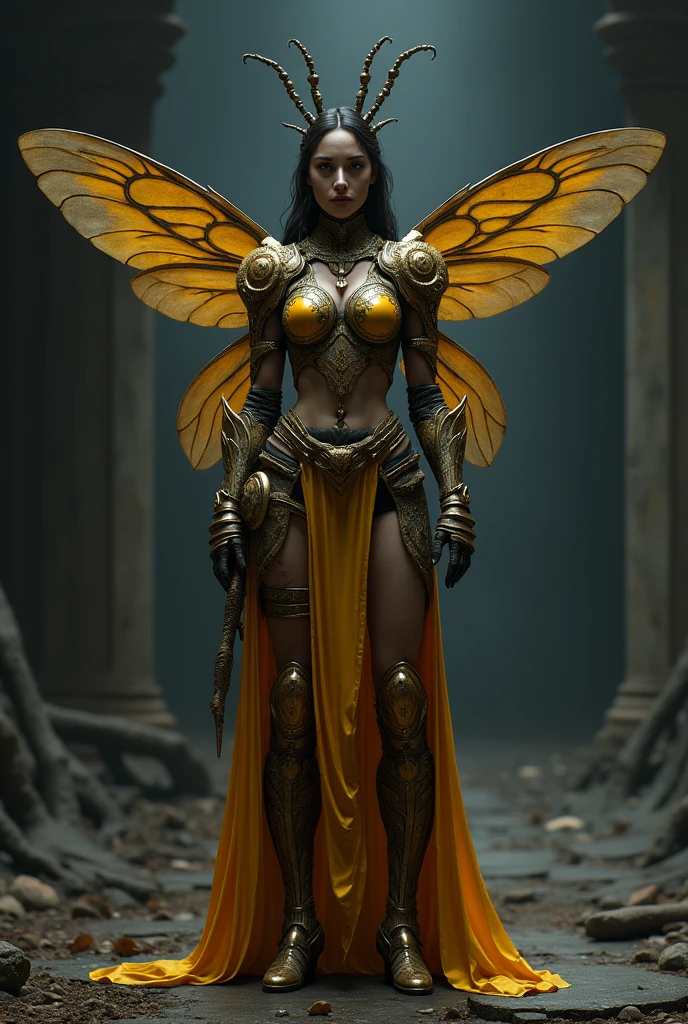 Create a white woman, Half Queen Bee Beautiful Sexy Detailed Ultra Realistic With An Amazing Outfit, that has armor covering his body, somewhat intimidating, wingless, with athletic body, with muscles, full body, wingless, dark environment