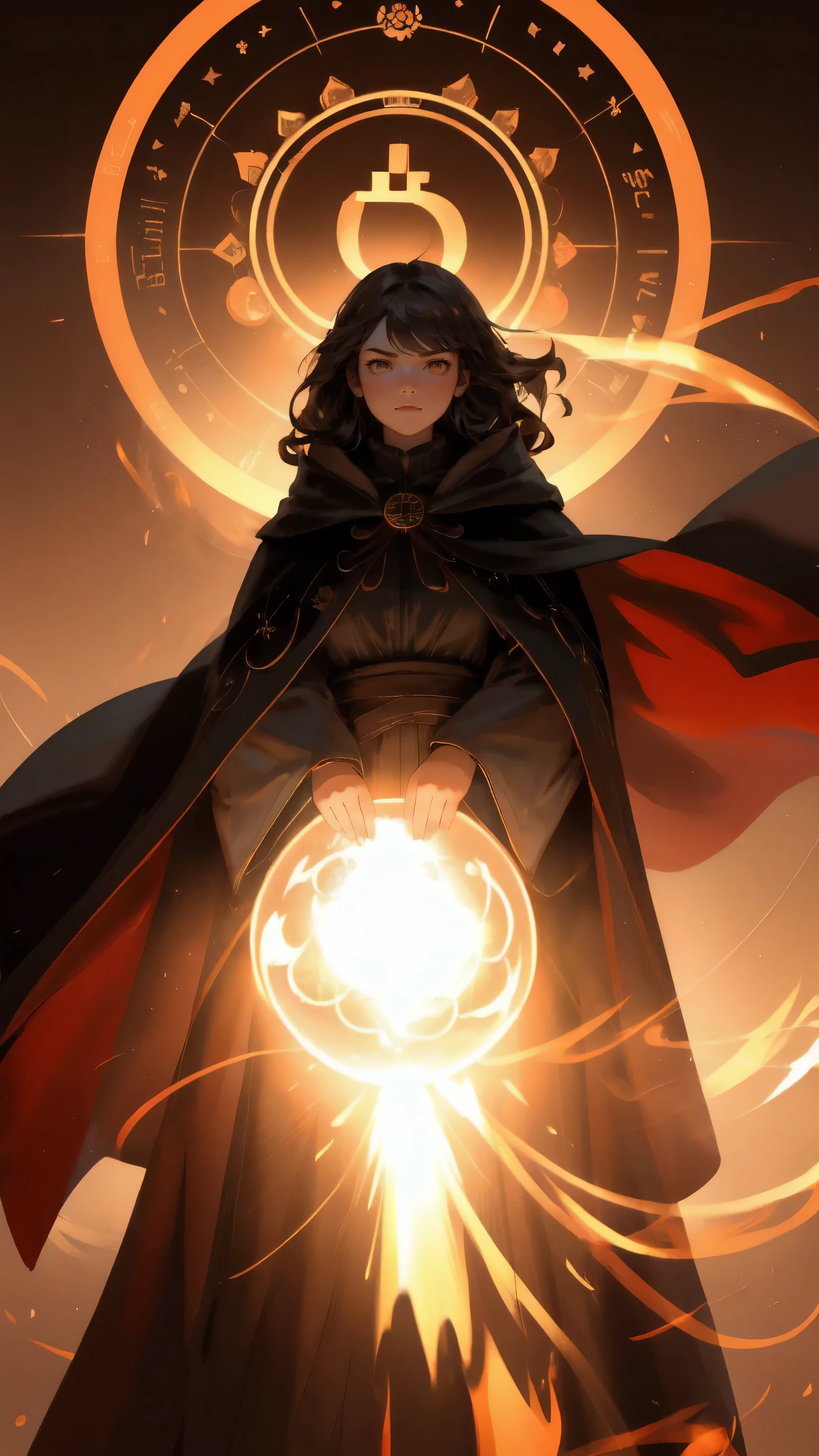 A fierce, determined girl in a flowing cloak, commanding swirling Bitcoin symbols around her as she stands over a globe radiating with energy. The entire scene is bathed in a soft brown background, with candles scattered around, casting flickering shadows and adding a mystical, intense ambiance.