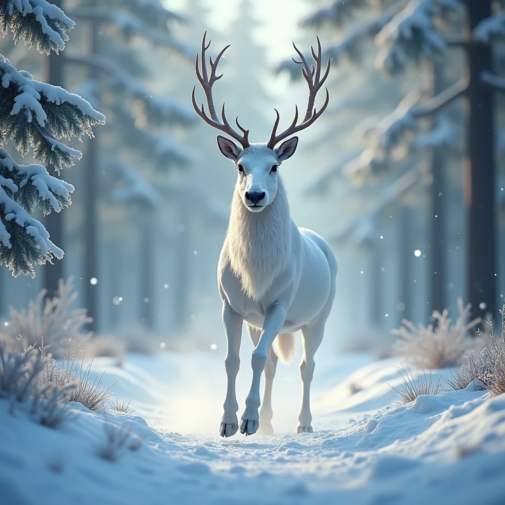 A white reindeer running in a snowy pine forest in winter