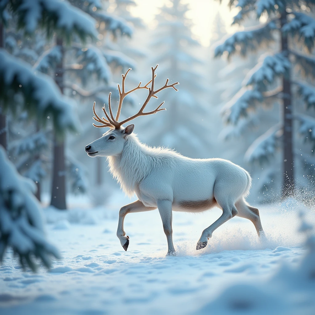 A white reindeer running in a snowy pine forest in winter