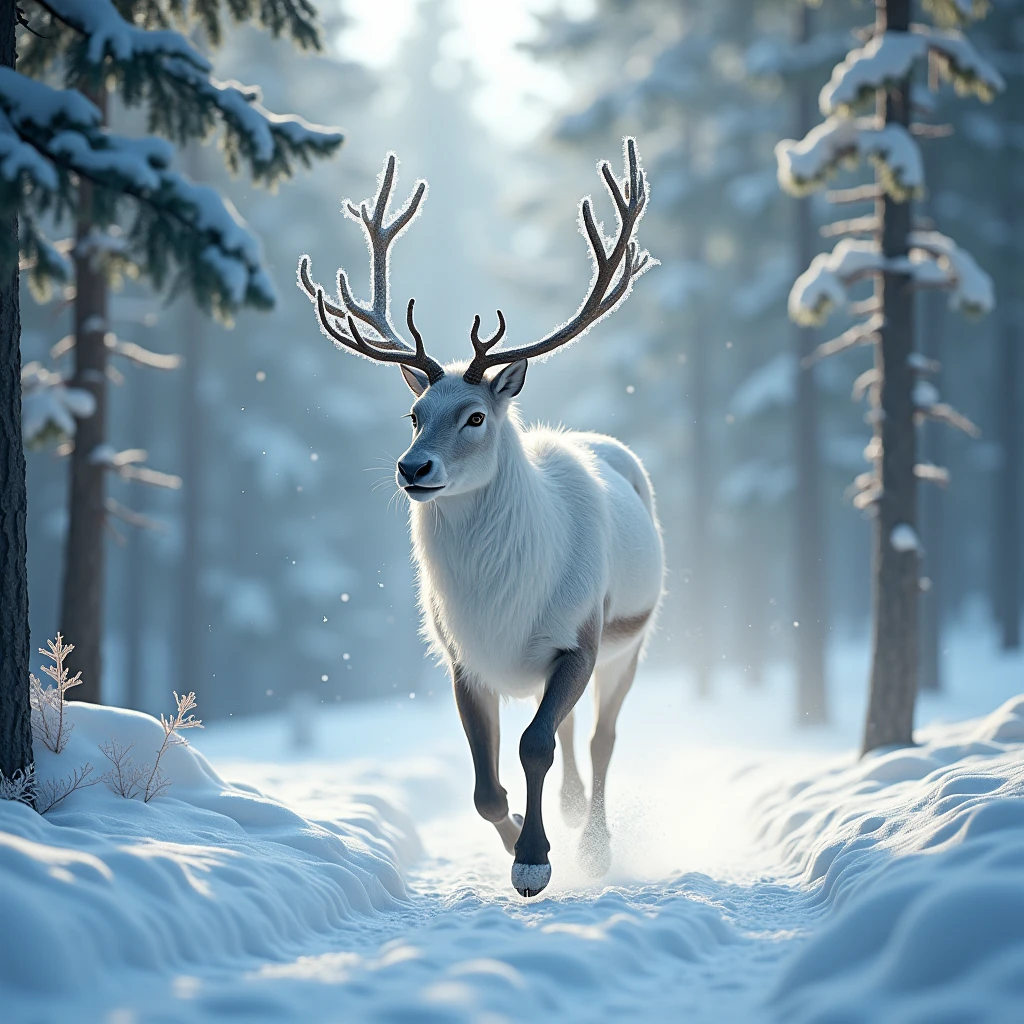 A white reindeer running in a snowy pine forest in winter