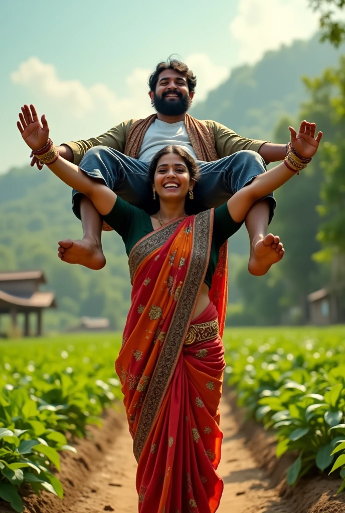 Smiling, Beautiful pakistani young girl in saree carrying a large man over her head in a farm, full view , natural
