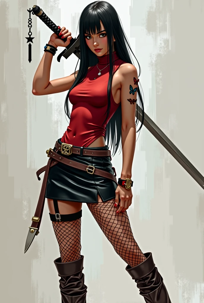 a female character in her 20s with long, straight, uncurled black hair, pale skin, and steely black eyes, exuding a calm, dynamic posture, one leg bent while holding a long sword across her body, wearing a rather thin, hip-length red high-necked tank top, a very short black leather skirt, fishnet stockings on her left leg, black thigh-high stockings on her right leg, brown high boots, a small butterfly tattoo on her right shoulder, a black bracelet on her left hand