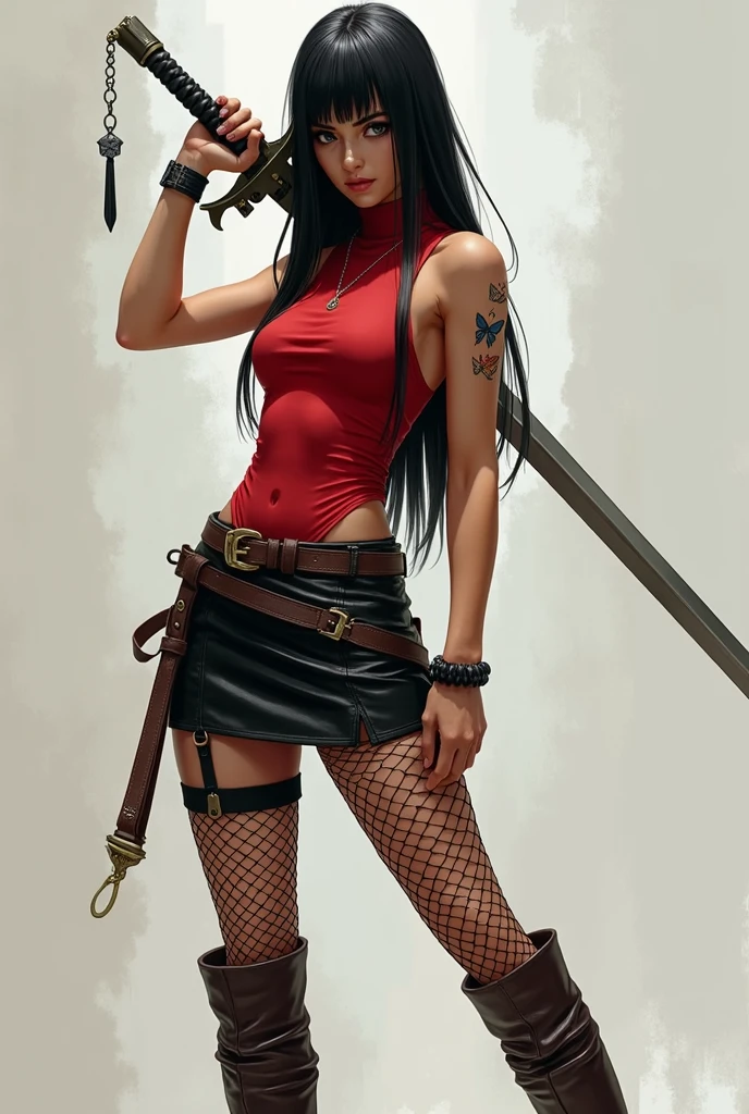 a female character in her 20s with long, straight, uncurled black hair, pale skin, and steely black eyes, exuding a calm, dynamic posture, one leg bent while holding a long sword across her body, wearing a rather thin, hip-length red high-necked tank top, a very short black leather skirt, fishnet stockings on her left leg, black thigh-high stockings on her right leg, brown high boots, a small butterfly tattoo on her right shoulder, a black bracelet on her left hand