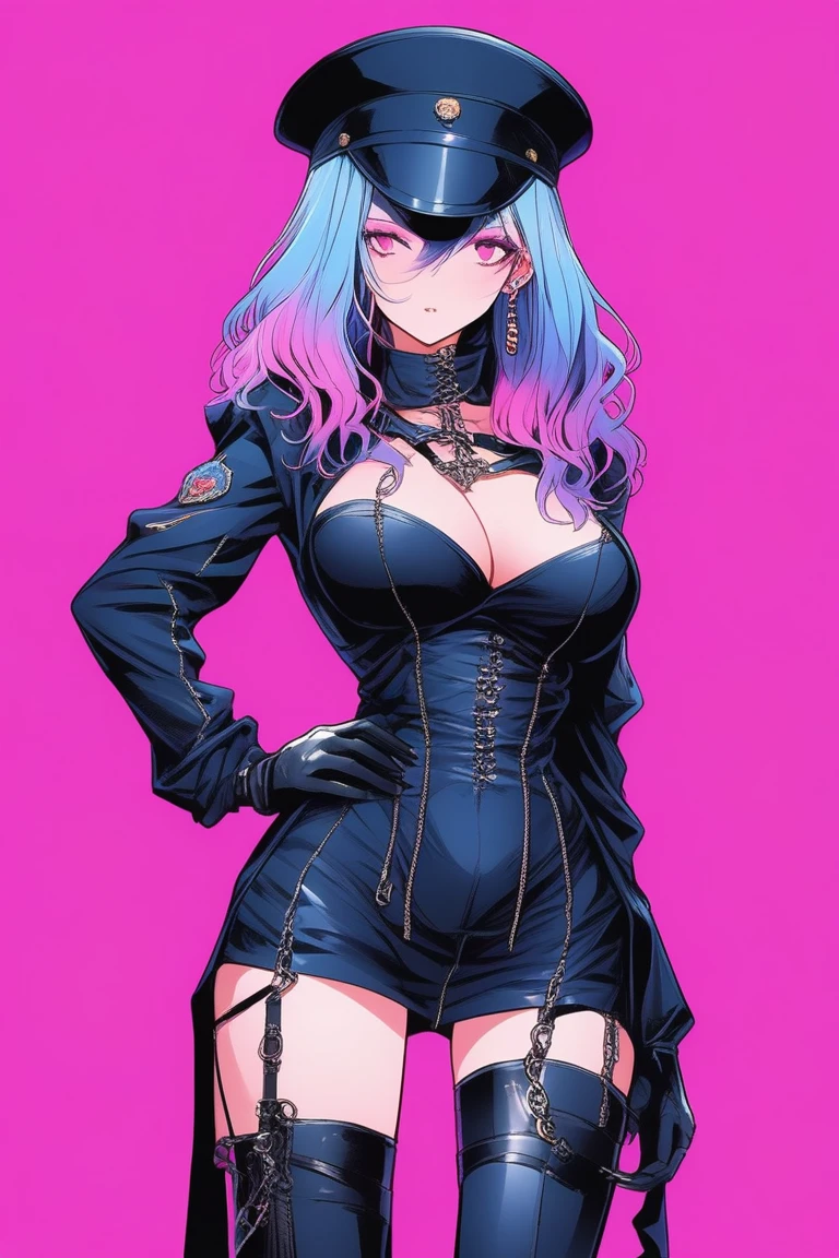 Illustrator, anime , Realistic ,sketch , 1 person, model, Age 25, lip, Latex Military Costume,An intricately constructed shiny bondage dress,military hat,military cloak,Villain mask covering the eyes,Thigh-high boots,Long gloves,Leather Choker,pantyhose, order, Blue and pink gradient background, Neon Hair, Big Breasts, Her cleavage is visible, look back, Upper body close-up, Sexy look, Texture Trim, Russia, (masterpiece,Highest quality)