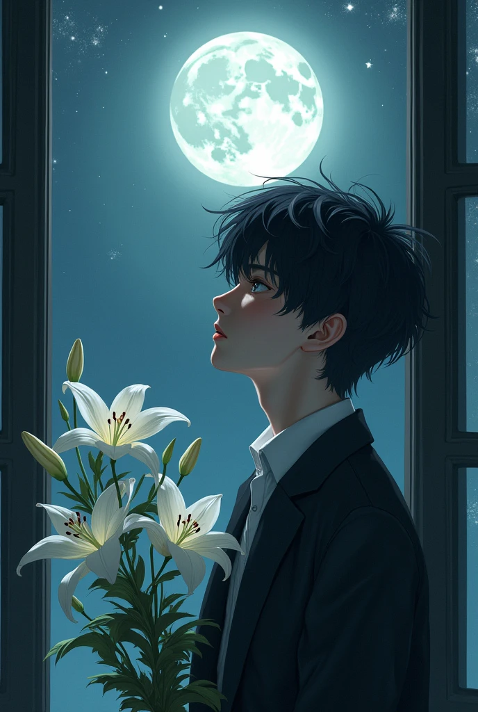 A young man is holding a branch of lily. He has black hair and gray eyes. He is looking at the moon through the window.