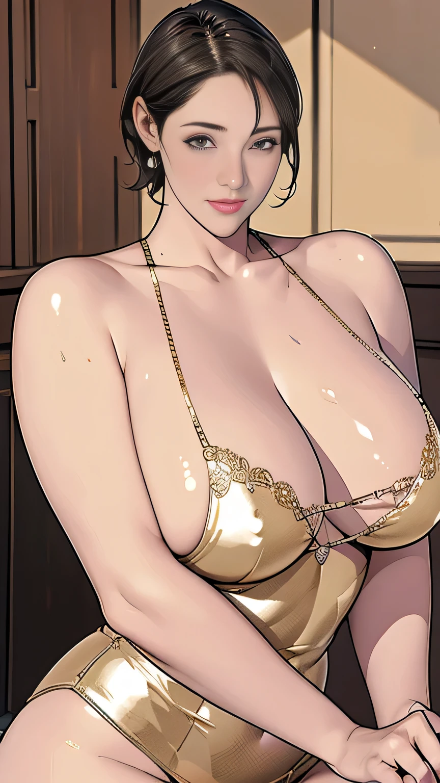 1,short hair,Photorealism,detailed,masterpiece,mature,((full)), (Broad shoulders), ((Huge)),Gold Micro Bikini,Showing cleavage,look at your thighs,Great hole,smile,masterpiece,High-quality illustration, absurd solution, High resolution, (masterpiece:1.4), ((Hugeブレスト:1.6)), 超detailed, One person,Wear a tight long dress, City streets,Sexy posture, The camera is close to the body