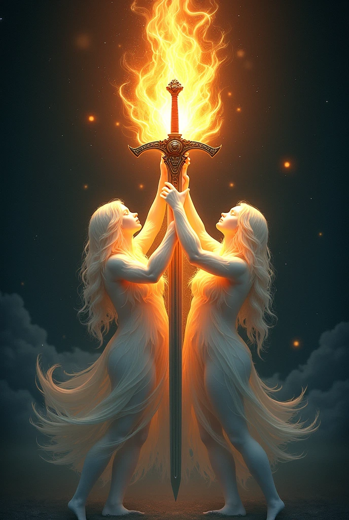 a logo icon of three souls holding sword of dignity with eternal flame