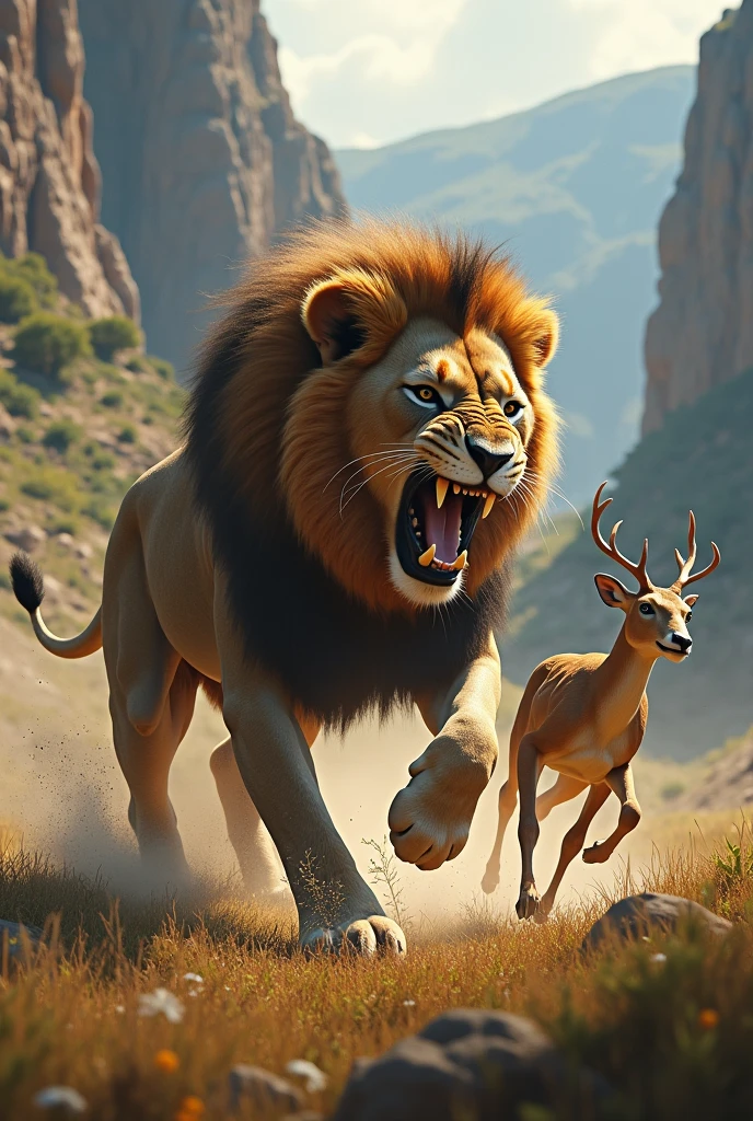 A lion attacked on a deer