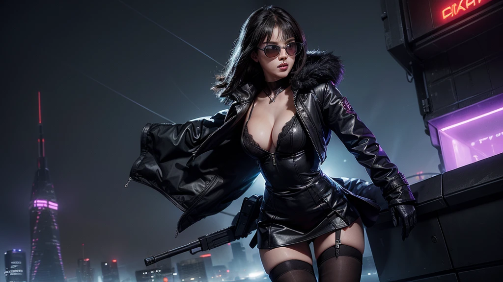 (Wide angle view). Blade Runner style futuristic city, simple outlined neon tall buildings, glowing giant clock tower, flying cars, helicopter, lightning, 3D rendering Beeple. At night, (1girl, solo, alone), photorealistic, medium-breast slim:0.6 body, oval:0.5 face, cleavage:1.1, sexy black laced bra, glove, deep-V, (very low angle view of miniskirt), white laced panty, coat, (Matrix style black micro sunglasses), ((aiming viewer with a short gun)), (running pose), (half-body thigh level close-up shot), cinematic lighting, ray tracing.