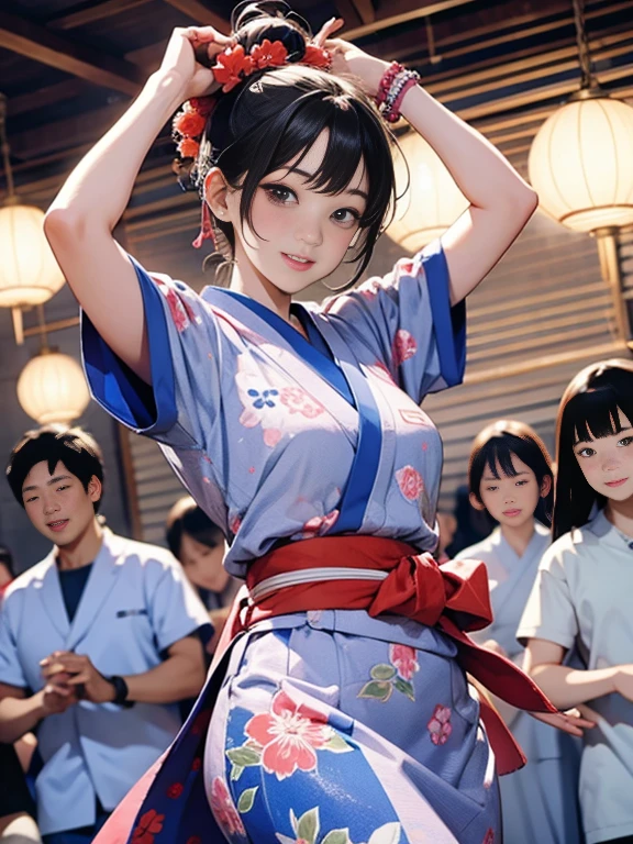 (Japan Bon Odori,最高masterpiece,Highest quality), Hot August,Bright vibrant anime art,People of all ages and genders dance and dance,  Dancing in yukata,Dancing with laughter,  Men and women, let&#39;s dance in a circle, dancing hero,Laugh Laugh,Dance Dance,Dancing in the square,masterpiece,Highest quality,High resolution,