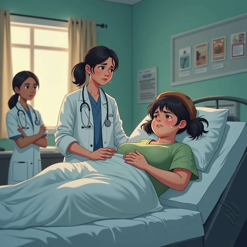 In a hospital room with soft lighting, a chubby  named Mali lies in bed looking weak and tired. She wears a brown beret hat and has her hair in two pigtails. Mali clutches her stomach with a pained expression, sweat visible on her face. A concerned doctor and nurse stand beside her, checking her condition. The room is clean and has a calm atmosphere, with the scene capturing both the seriousness .