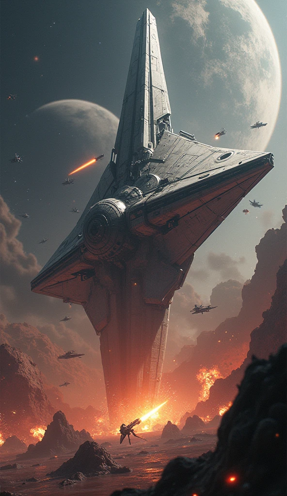 Star Wars, Futuristic sci-fi space battle, very detailed, A magnificent and huge spaceship, Fierce battles, Glowing energy weapon, Powerful Explosion, dramatic lighting, cinematic composition, Change color palette, realist rendering, Intricate mechanical details, Sense of scale and grandeur, (best quality,4K,8k,high resolution,masterpiece:1.2),very detailed,(realist,photorealist,photo-realist:1.37)
