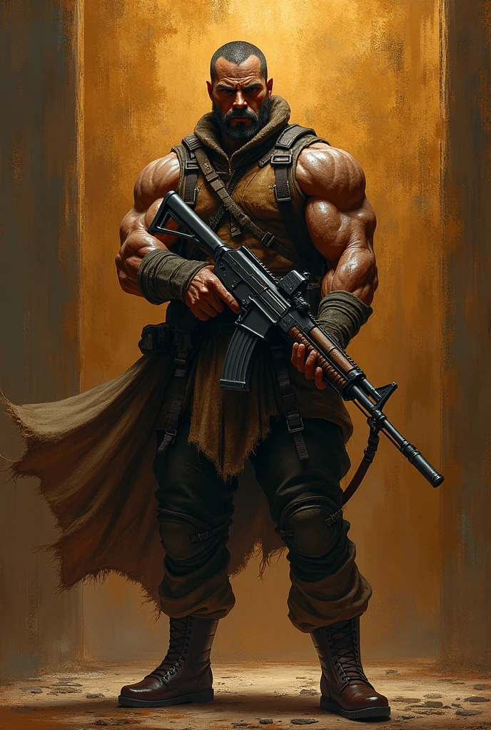 Kartos  holding ak 47 gun with bronz background 
