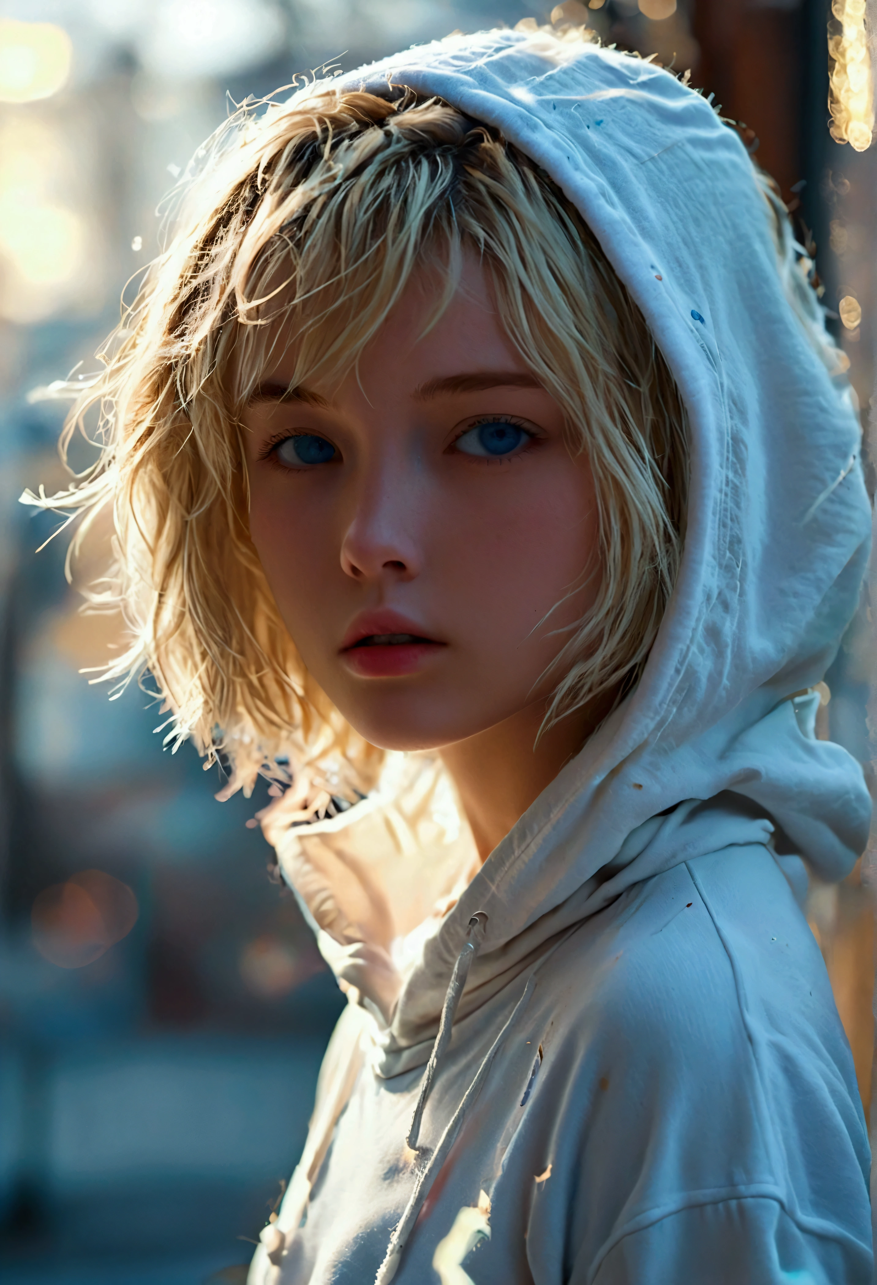 Wearing a white hoodie、A girl with short, messy bob hair、Blonde、blue eyes