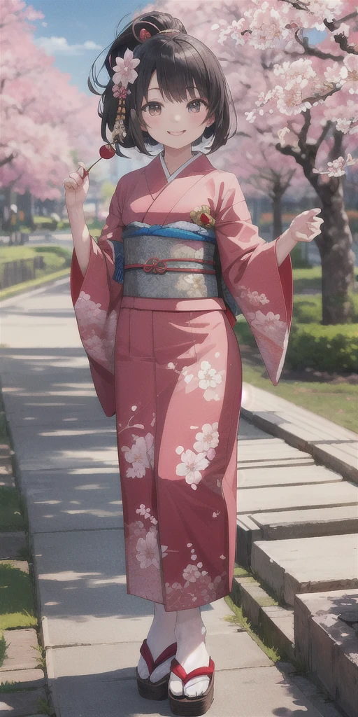 (masterpiece,ultra-detailed,best quality,8K,CG,illustration,shaved:1.0),(petite girl:1.2),  jyojifuku, furisode, kimono, long sleeves, hair ornament, cherry blossom,outdoor,smile