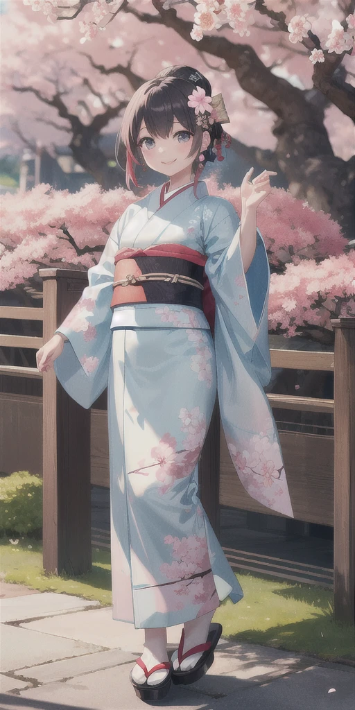 (masterpiece,ultra-detailed,best quality,8K,CG,illustration,shaved:1.0),(ite girl:1.2),  jyojifuku, furisode, kimono, long sleeves, hair ornament, cherry blossom,outdoor,smile