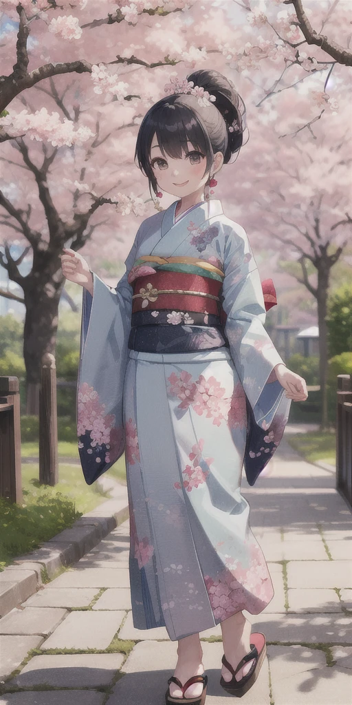 (masterpiece,ultra-detailed,best quality,8K,CG,illustration,shaved:1.0),(petite girl:1.2),  jyojifuku, furisode, kimono, long sleeves, hair ornament, cherry blossom,outdoor,smile