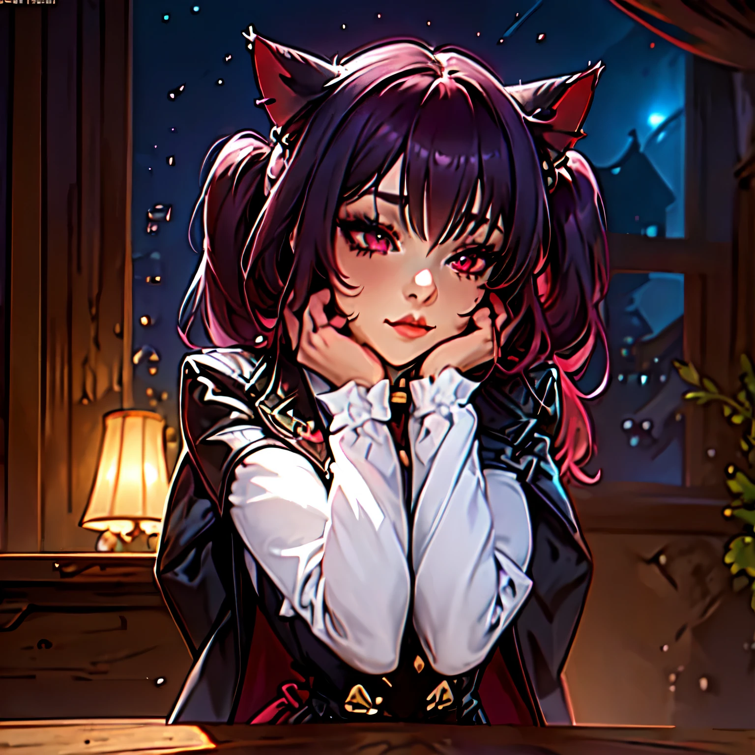 (junkotvv cat ears)Very detailed, high quality, masterpiece, beautiful, Kafka, Red eyes, jacket, 1 girl, Alone, mature woman, purple eyes, jacket, chibi, close up, embarrassed with hands on cheek, 