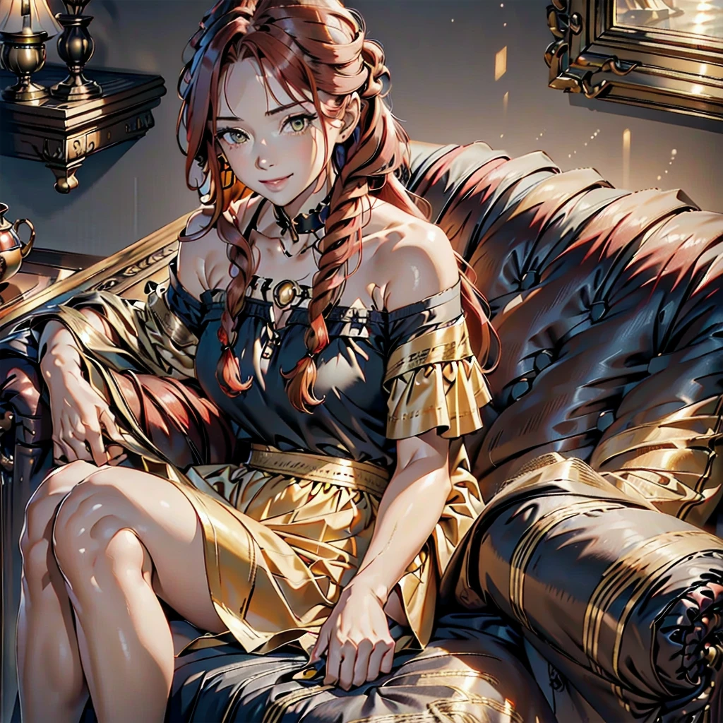 1 woman, long hair with 2 braids,(( natural redhead)), honey yellow eyes, long black nails, short black skirt, Dark purple off-shoulder blouse with neckline detailing, chest a little big, mischievous smile, Broad smile, wide range of expressions, sitting on a sofa in a living room, homely atmosphere, holding a cup of tea.